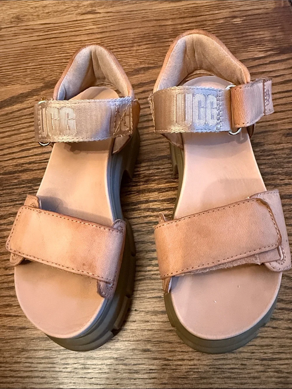 UGG Chunky Platform Sport Sandals Leather Logo Webbing Tan Estimated 6 1/2-7